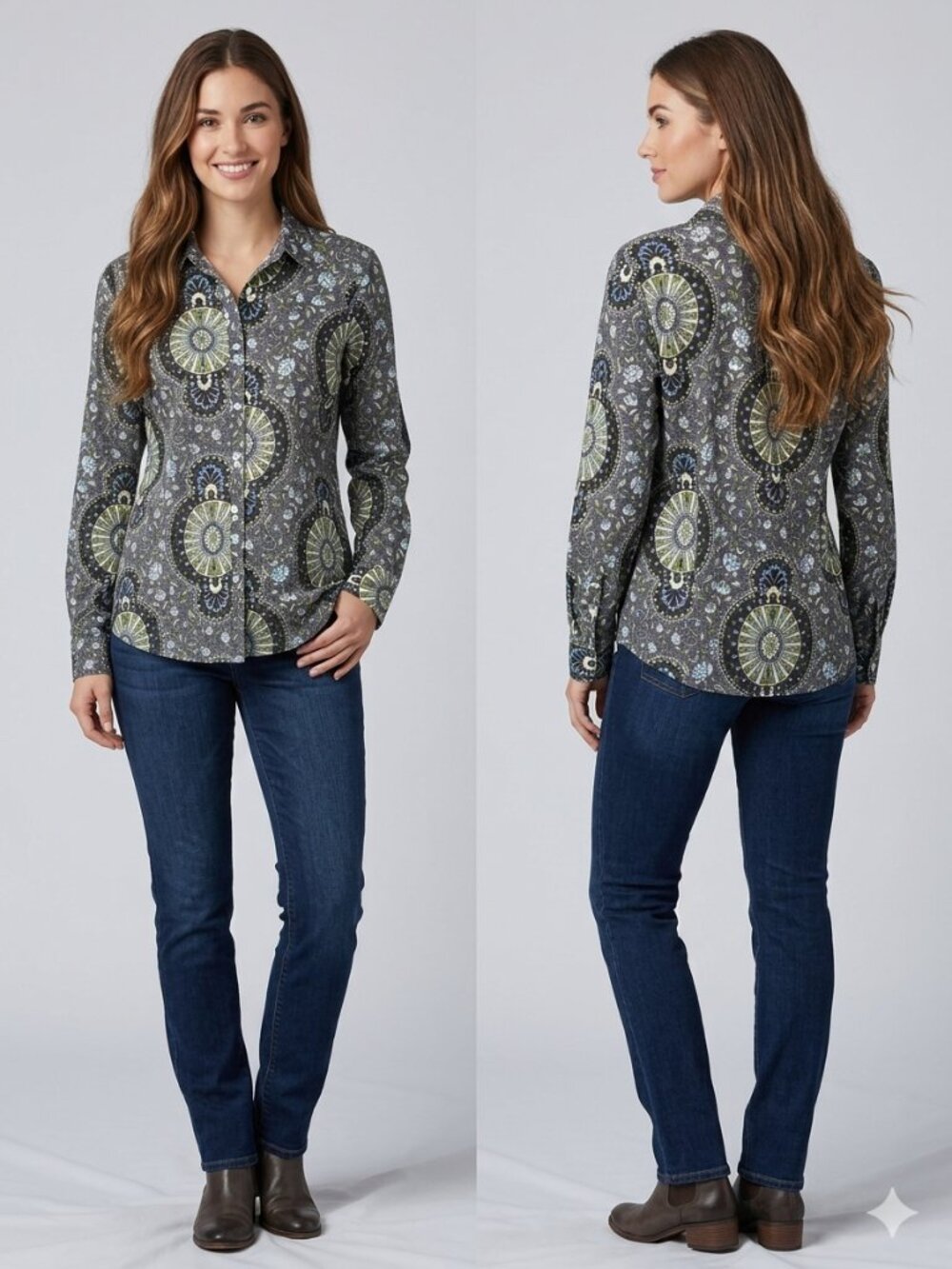 Talbots Shirt Size 14 Blue Green Medallion Paisley Cotton Stretch Long Sleeve